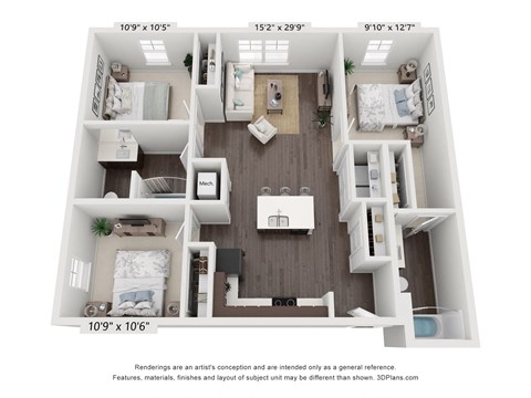 Floor plan for 3 beds, 2 baths, 1199 sqft
